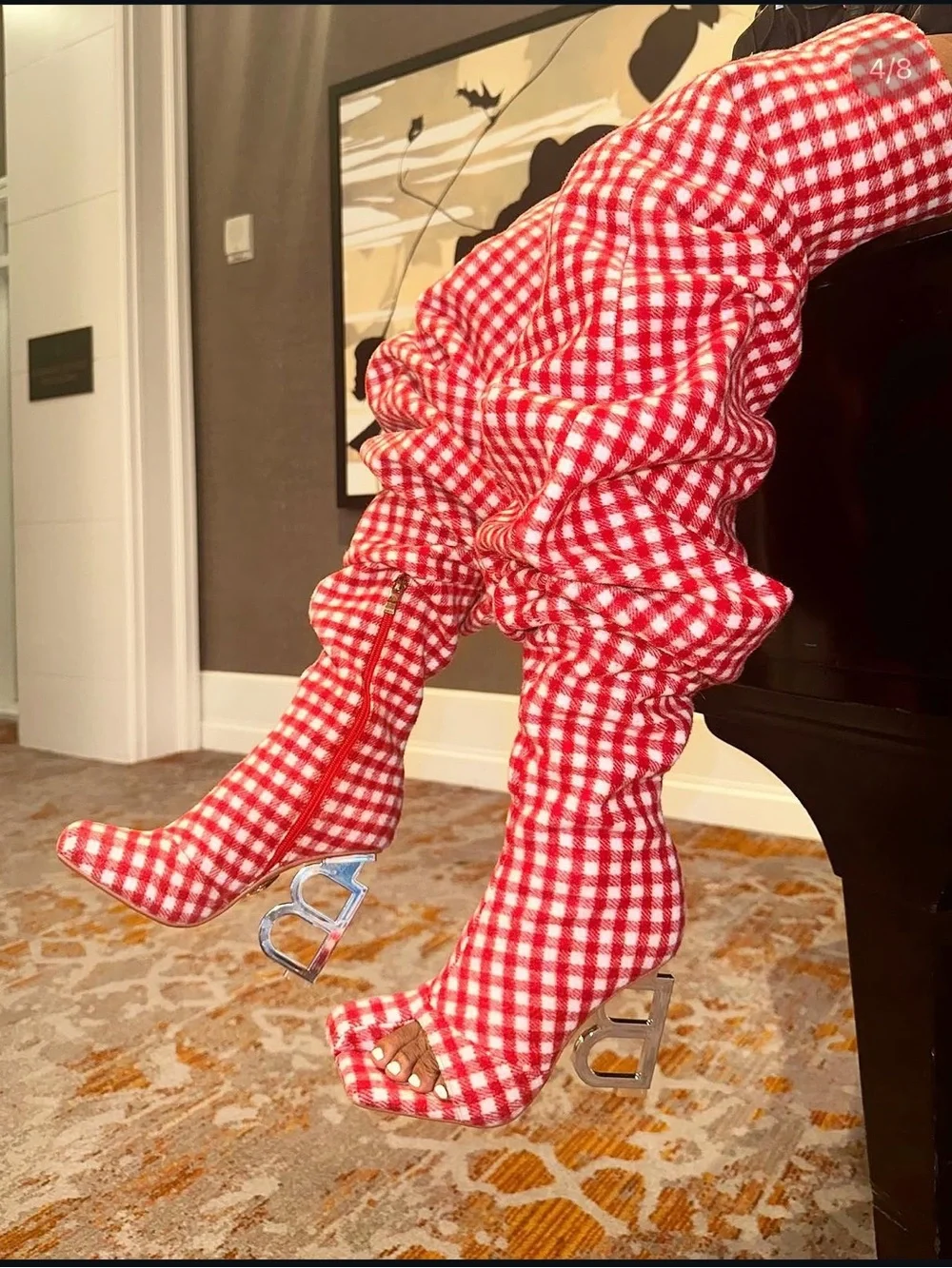 Thigh high Red Gingham Boots with Silver B Heel